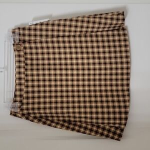 BP Size S Black Tan Cream Plaid Faux Wrap Button Front Mini Skirt, NEW with Tag